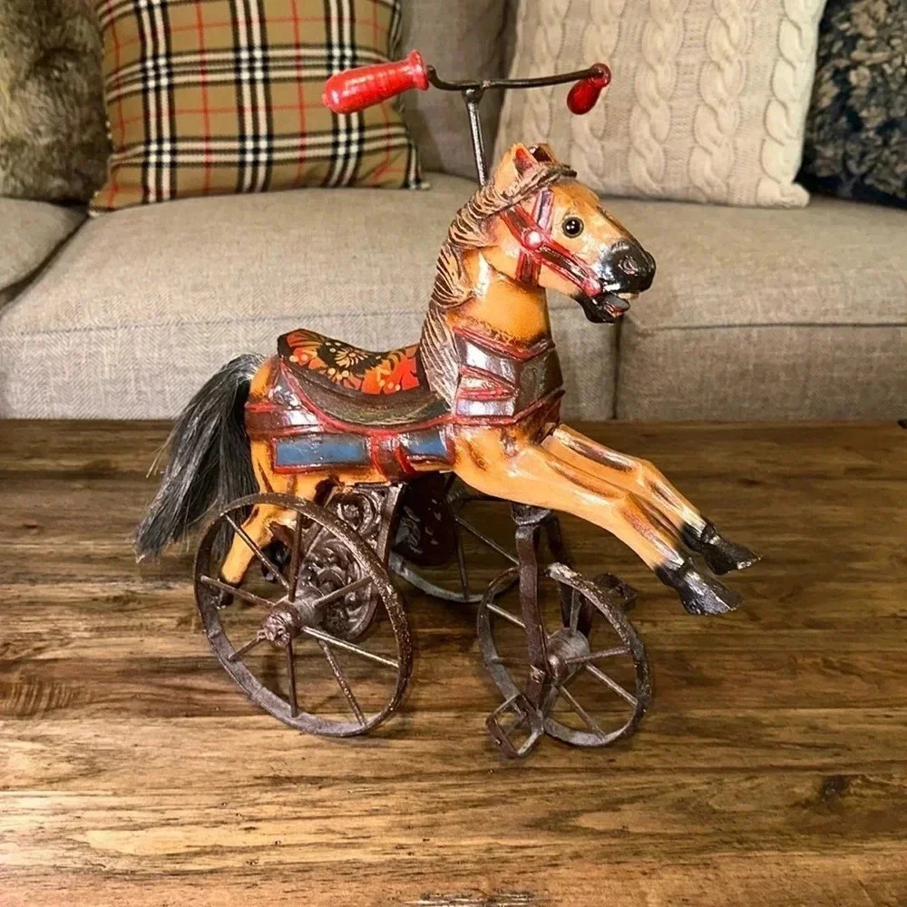 Antique/Vintage Wooden Horse Tricycle Decorative Accent Beautiful Iron Wheels - Picture 3 of 17